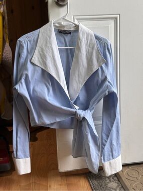 vintage cropped wrap blouse Light Blue with fun White Collar